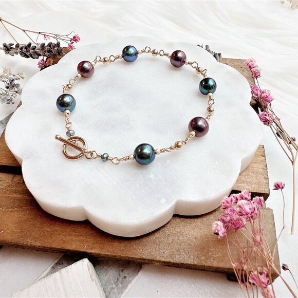 Handmade Rainbow Peacock Freshwater Pearl Bracelet | 14k Gold Filled - Picture 2 of 5